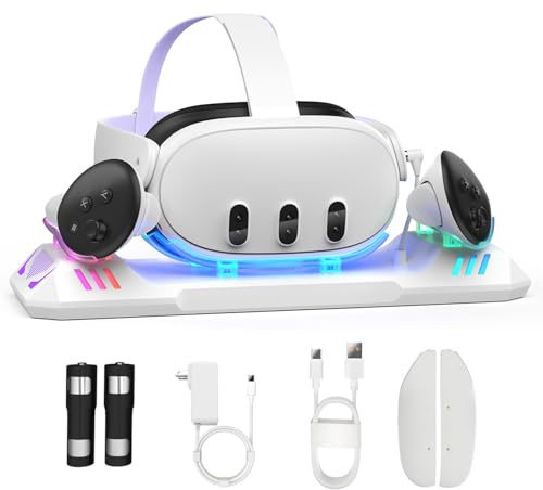 Charging Dock for Meta Quest 3S/Quest 3, Charging Station for Oculus Quest 3 VR Headset & Controllers, with 2 Rechargeable 2100mAh Batteries, USB-C Charger and Cable, Supports LED Indicator