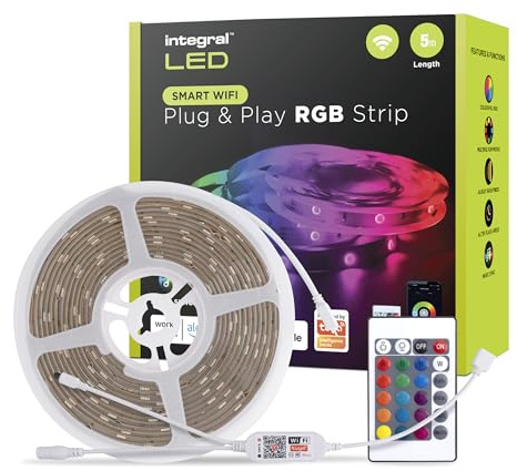 Integral 5 m RGB LED Strip Light, färgbyte, dimbar, musiksynkronisering, smart Tuya WiFi-app och fjärrkontroll, Plug & Play med Reuno Unio-kontakt: för vardagsrum, kontor, kök med mera