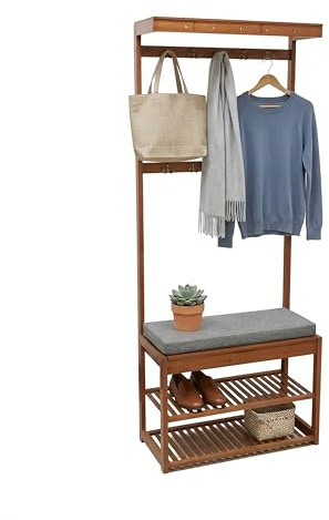 Relaxdays garderobsställ, bänk, 2 skohyllor, 10 krokar, klädställ | HBT: 175x70x33 cm, bambu