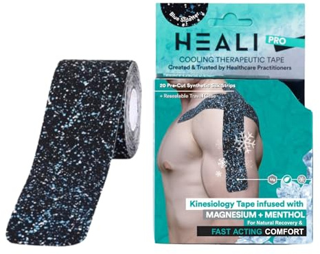 Heali Kinesiology Tape with Magnesium and Menthol, 20 Pcs Precut Strips, K Tape Roll, Knees, for Physical Therapy, Sports, Muscles and Joints, Water Resistant, Blue Splatter