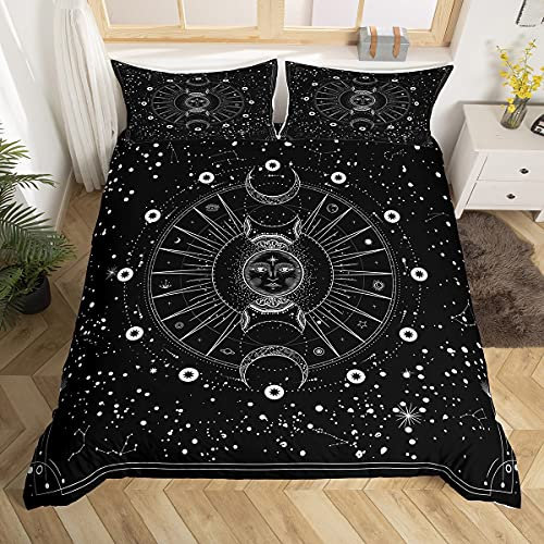 Feelyou Sun and Moon Comforter Cover Set Queen Size Black and White Psychedelic Constellation Bedding Set Boho Exotic Mandala Duvet Cover Galaxy Astrology Space Bed Chic Room Decor (No Comforter)