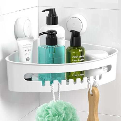 ilikable Corner Shower Caddy Vacuum Suction Cup Organizer No-Drilling Removable Shower Shelf with Hooks Wall Mounted Storage Basket for Shampoo Conditioner Razors Soap-Creamy white