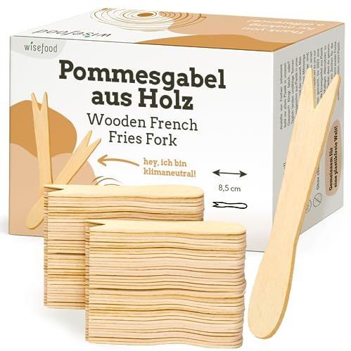 wisefood Forchetta per patatine fritte in legno, 8,5 cm, 10.000 pezzi (1 cartone), posate usa e getta, posate in legno, biodegradabili, naturale, stabile, ecologica