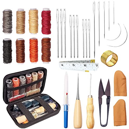 Kit de Artesanía Cuero 32 Piezas Kit de Costura de Cuero con Agujas de Coser a Mano Taladro Hilo Encerado y Dedal Kit de Herramientas de Cuero para Costura de Bricolaje y Costura a Mano Principiantes
