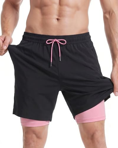 maamgic Uomo Costume da Bagno Corto 2-in-1 Compressione Pantaloncini da Surf 7 Pollici Interni Asciugatura Rapida Shorts con Tasche Nero Rosa XXL
