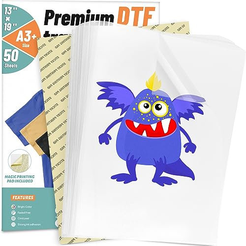KASYU DTF-överföringsfilm, 50 ark 13 tum x 19 tum DTF-papper med smart tryckblock för all sublimering DTF-skrivare, DTF-filmer för sublimeringshack och tyg i alla färger