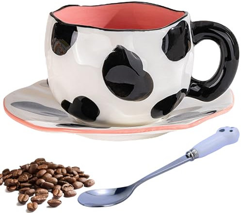 Disoza Kaffeetassen Set mit Untertasse Süße Schwarz Kuhmuster Tasse Geschenke für Frauen zum Geburtstag Tee Kaffee Becher 250 ml Keramik Tasse Geburtstagsgeschenk für Frauen Mädchen Mama Freundin