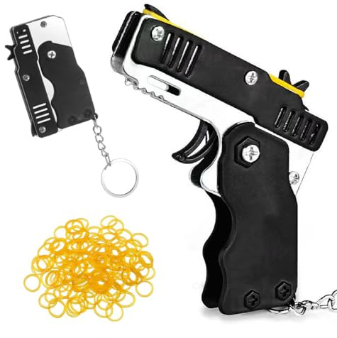 MQLSAERI - Giocattoli per pistola a nastro di gomma, pieghevole, 2 pezzi con 120 pezzi elastici morbidi portachiavi per pistola di lanciatore in gomma pieghevole in metallo - nero