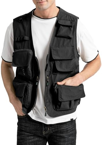 Vanchenl Men's Lightweight Loose Safari Fishing Outdoor Leisure Work Vest Jacket Photo Travel Cargo Mesh Waistcoat Multi Pockets (Black,XL)