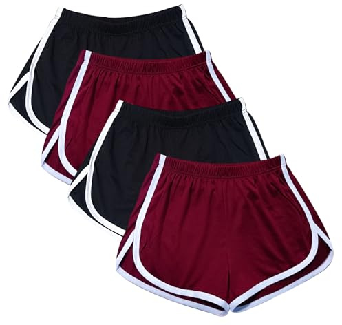WEBGGER 4 Pack Women's Cotton Yoga Dance Short Pants Sport Shorts Summer Athletic Cycling Hiking Sports Shorts (UK, Numeric, 10, Regular, Regular, 2 Black + 2 Red)