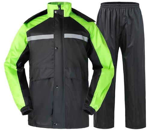 KTWOLEN Tuta Antipioggia Impermeabile da Uomo Impermeabile Riflettente Giacca e Pantaloni Outdoor Ciclismo Moto Cappotto Antipioggia con Cappuccio, Verde, M