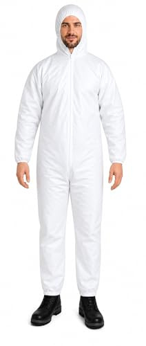B teurobrecher PP-Schutzanzug Weiß Ganzkörperanzug, Lackier- & Maleranzug, Arbeitsoveralls mit Kapuze für Herren/Damen, Latexfreie Schutzkleidung, Einweganzug, 10 Stück, Größe M