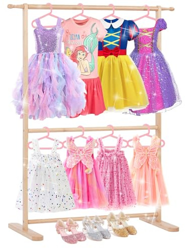 Relquorax Perchero de bambú para niños con doble poste, organizador de ropa, organizador de ropa, perfecto para disfraces y accesorios (color natural)