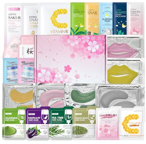 24 Stück Gesichtsmasken & Gesichtskuren Feuchtigkeit, mit 3 Gesichtsmaske Hydration 5 Schlafmasken 6 Schlammmaske 4 Gesichtscreme 4 x Augenpads 2 Lippen Patches, für sie und Teenager-Mädchen