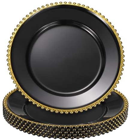 sourcing map Lot de 6 assiettes de présentation rondes en plastique transparent de 33 cm avec bordure en perles pour fête de mariage, événement, décoration de table, doré sur noir