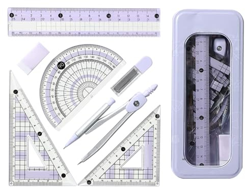 Protractor And Compass Set,Geometry Sets for Secondary School Stationery Supplies Pink Aesthetic Cute Math Kit Maths Set Kids Drawing Equipment Box,for Girls Students Teaching (Purple)