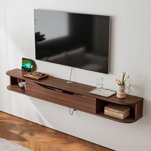 FloatiCasa Floating TV Unit for up to 65 inch TV,140cm Wall Mounted TV Stand with 1 Door & 2 Open Shelves,Plywood Media Console with Round Edges & Cable Management,Walnut