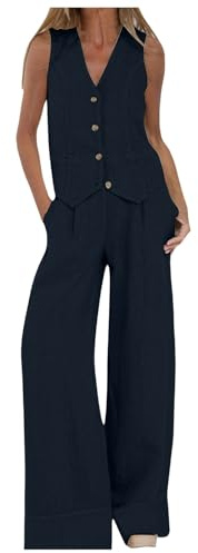 QIUhhpuy Tailleur Femme Ensemble 2 PièCes Gilet Et Pantalon pour Femme avec Col en V sans Manches en Coton Et Lin à Jambe Large Costume D'éTé Assorti Ensemble d'affaires Tailleur Blazer d'été Assort