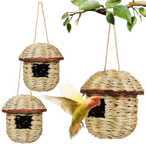 BESPORTBLE Nichoirs à Oiseaux D'extérieur en Paille Tissée, Lot de 3, Maison pour Pinsons et Perruches, Installation Facile, Design Rustique pour Jardin et Terrasse