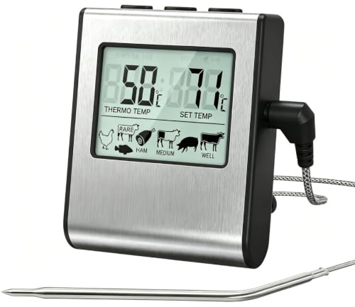 VOBOR Digital kökstermometer med sond och timer, stor LCD-skärm, temperatursond för matlagning BBQ mat kött ugn rostad grill