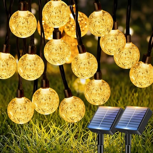 btfarm 2 Pack Solar String Lights Outdoor Waterproof, Total 98 FT 100 LED Solar Powered Patio Light, 8 Lighting Modes Crystal Globe Decorative for Garden Balcony Yard Porch Party, Warm White