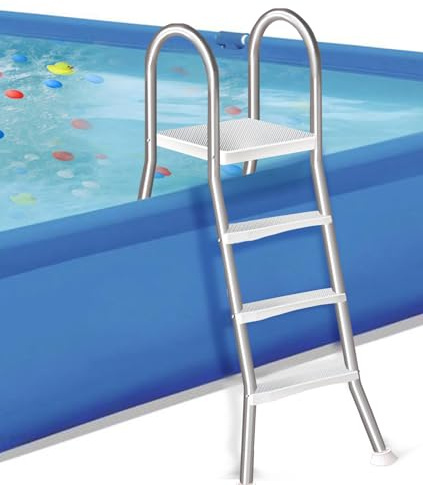 Escalera de Acero de Doble Cara para Piscinas Elevadas con Paredes de hasta 110 cm de Altura, 3 Peldaños Antideslizantes, Plataforma Superior y Capacidad de 250 kg,110cm