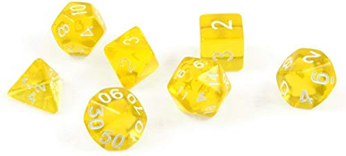 shibby 7 polyedrische Würfel für Rollen- und Tabletopspiele in transparent / gelb mit Beutel, 60015382, 7cm x 9cm