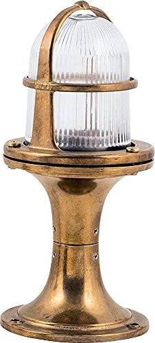 Licht-Erlebnisse Sockelleuchte Außen aus Echt-Messing antik wertig EU-Produkt IP54 E27 maritim für Wege Garten Terrasse Außenlampe Stehleuchte Weglampe Sockellampe
