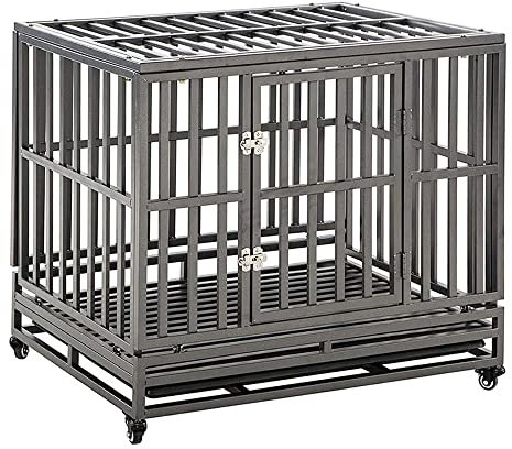 KELIXU Heavy Duty Dog Crate Large Dog cage Dog Kennels and Crates for Large Dogs Indoor Outdoor with Double Doors, Locks and Lockable Wheels, 96 cm LX 65 cm W X 82 cm H