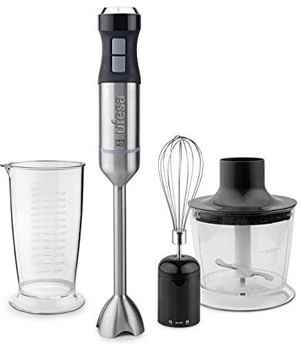 Ufesa BP4752 Vario 1400 Titanium XL Max Batidora de Mano, 1400 W, 4 Cuchillas de Titanio, Pie XL, 20 Velocidades + Turbo, Diseño Ergonómico y Anti Salpicaduras, Sin BPA, Acero/Gris