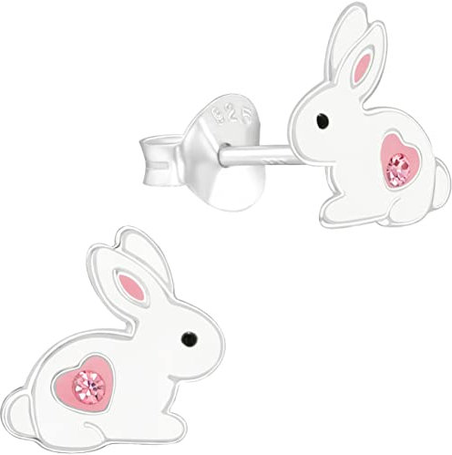miimago Kinder Ohrringe Häschen mit Glitzer Kristallen 925 Sterling Silber rosa weiß Mädchen Ohrstecker Hasen Schmuckgeschenk