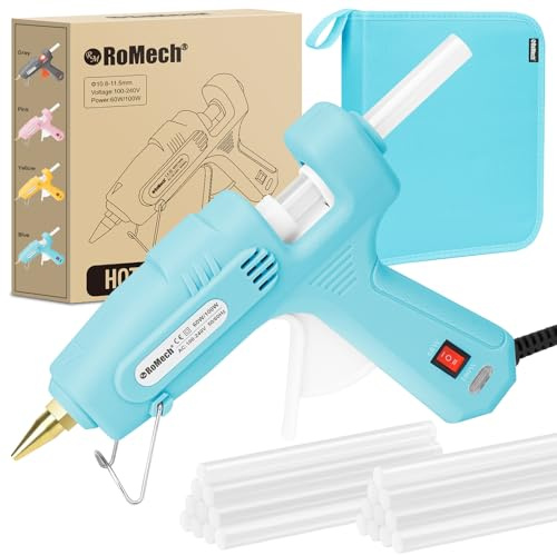 ROMECH Full Size Hot Glue Gun with 60/100W Dual Power and 21 Hot Glue Sticks (7/16), Fast Preheating Heavy Duty Industrial Gluegun with Storage Case for Crafting, DIY and Repairs (Cyan)