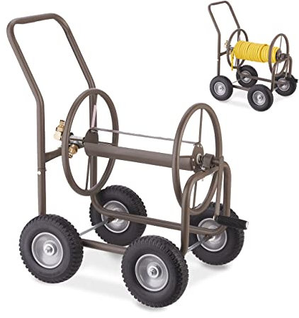 Relaxdays Dévidoir, Jusqu’à 60 m de Tuyau, 4 Roues à Caoutchouc Dur, attelage à clic, Enrouleur métal, Marron