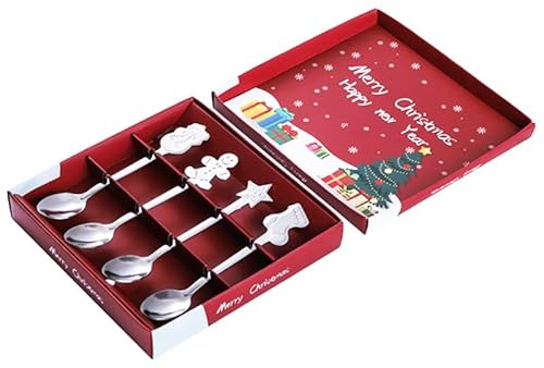 4Pcs 5 Pulgadas Cucharas de Café, Acero Inoxidable Cucharas Revolvedoras Cucharas de Té Cuchara de Postre Cuchara de Espresso Juego de Cucharas de Navidad (Plata)