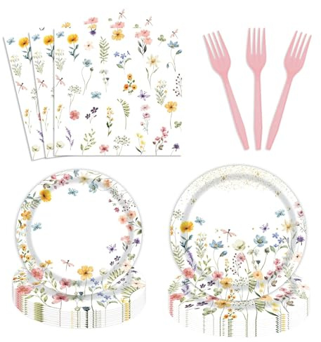 96 Pcs Wildflower Party Supplies Paper Plates and Napkins Disposable Spring Floral Baby Shower Birthday Tableware Decorations for Spring Summer Picnic Wedding Tea Party, Serve 24 Guests