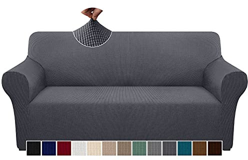 Granbest Checkered Couch Cover for 3 Cushion Couch High Stretch Sofa Cover 3 Seater Washable Sofa Slipcover for Dogs Pets Slip Resistant Furniture Protector (3 Seater, Grey)