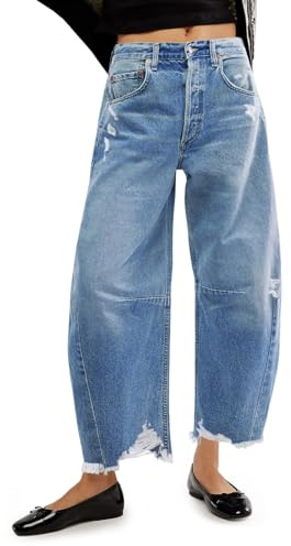Cicy Bell Women's Baggy Wide Leg Jeans Barrel Horseshoe Boyfriend Cropped Raw Hem Denim Pants, Light Blue, 14