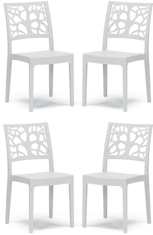 Set 4 sedie in polipropilene TETI, MADE IN ITALY, impilabile, idrorepellente, resistenza raggi UV, design moderno albero della vita per sala da pranzo, cucina, bar, ristoranti, esterno (Bianco, 4)
