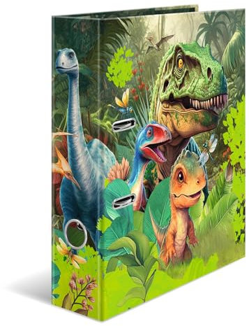 HERMA Ordner A4 Dinosaurier, 7 cm breit, Kinder Ringordner mit Tier Motiv, bunter Aktenordner mit Innendruck für Jungen und Mädchen