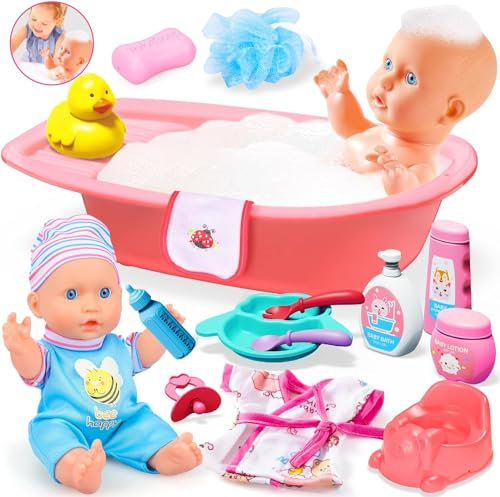 GOLMUD Babypuppen Badespielset mit Zubehör, Rollenspiel-Set mit Badewanne, Badeente & Babyflasche, Lernspielzeug für Kinder ab 3 Jahren, Geschenk für Mädchen/Jungen 3 4 5 6 7 Jahre