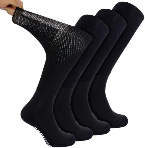 Dr.Socks Confezione da 4 paia di calzini alti per diabetici in bambù, con impugnature, per uomini e donne, extra larghi, per piedi e gambe gonfie, Nero , 9-11