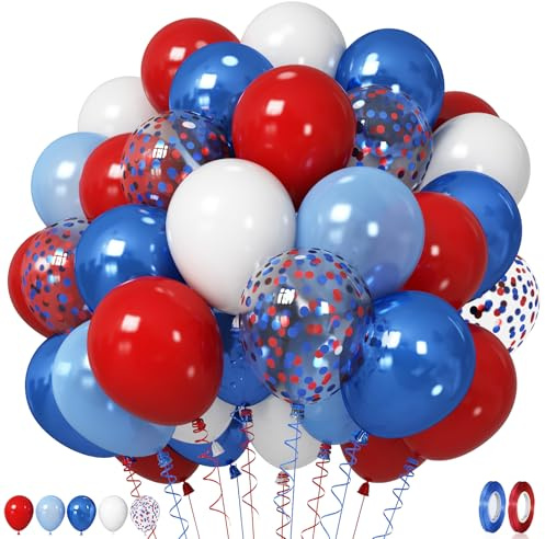 Red White Blue Balloons, 12 Inch Pearl Metallic Blue Red White Confetti Latex Helium Balloon for Royal Patriotic Platinum Jubilee Royal Union Jack Birthday Graduation Party Decorations