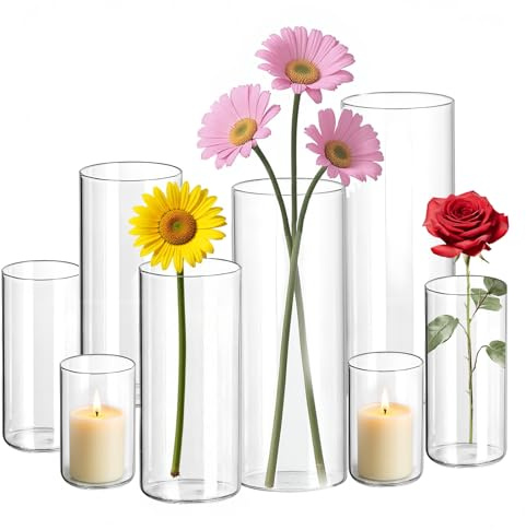 DOKKOME Set di 8 vasi in vetro per candele, vasi in vetro per decorazione da tavolo, vaso grande, mini vasi, vaso a tulipano, cilindri in vetro per candele, casa, matrimonio, tavola per feste