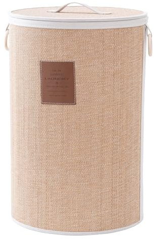 Muzilife Bambus Wäschekorb mit Deckel, 75L Faltbare Wäschesammler Wäschebox aus Natürliche Baumwolle, Stabil Wäschetonne mit Tragegriffen, Rund Ø 40 cm, HellBraun