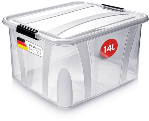 KONZEPT Aufbewahrungsbox 14 L mit Deckel – transparente Kunststoffbox, stapelbar, BPA-frei, verstärkter Boden, robuste Verschlussclips – ideal für Küche & Haushalt