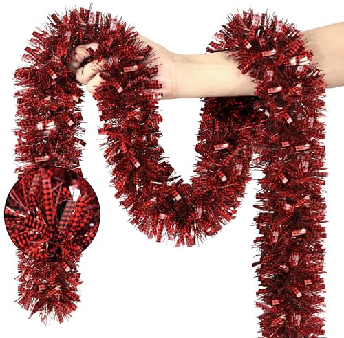 Christmas Decorations Tinsel Garland, 33 FT Shiny Red Black Buffalo Plaid Metallic Tinsel Twist Hanging Christmas Garland for Xmas Tree Decorations New Year Holiday Home Indoor Outdoor Party Decor