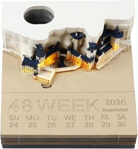 Bloc-Notes 3D, 2026 Calendrier Hebdomadaire 3D Château, Notes en Papier Art, Calendrier de Table Créatif avec Lumière et Porte-Stylo