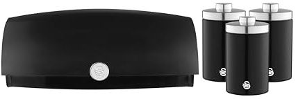 SWAN Townhouse Bread Bin, 16L Capacity, Simple Pull Lid and Set of 3 Storage Canisters for Coffee/Sugar/Tea & Other Loose Ingredients, Airtight Lids, 1.3L, Black