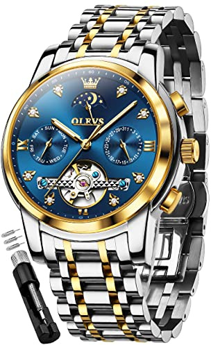 OLEVS Montre Homme Mécanique Automatique Squeletté Tourbillon Calendrier Étanche Lumineuse Classique Luxe 6678 Bleu/doré