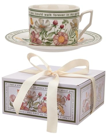 Generico Café de cerámica – Con diseño floral de 240 ml, elegante juego de tazas y platos, vajilla para té y café, porcelana resistente, ideal para desayuno, zumos o bebidas Cal